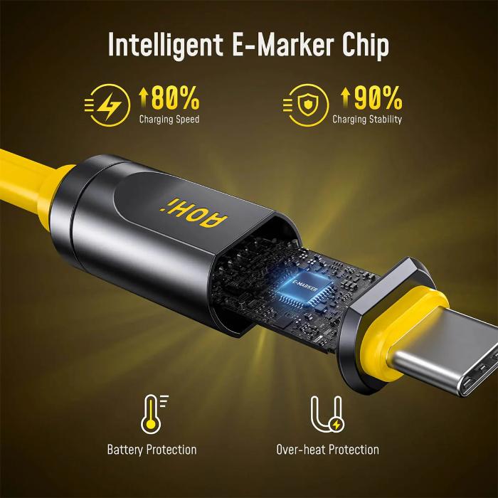 Close-up of a Yellow AOHI The Future AOC-L017 Adonis USB4 2.0 240W USB-C to USB-C Cable highlighting intelligent E-Marker Chip features on a dark background.