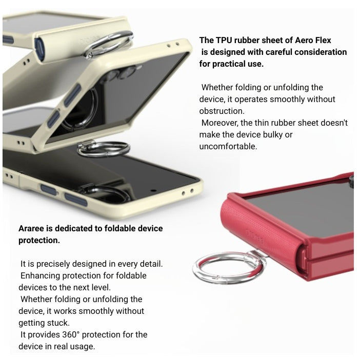 Araree Aero Flex R Case for Samsung Galaxy Z Flip 7 (2025) with text explaining its features for foldable devices on a white background