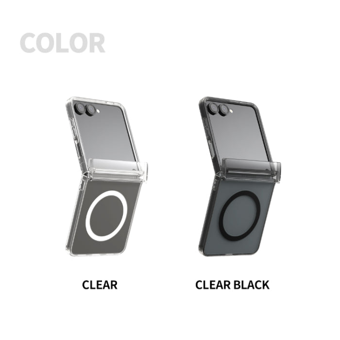 Araree Duple 360 Magnetic Case for Samsung Galaxy Z Flip 7 (2025), one clear and one clear black, on a white background.