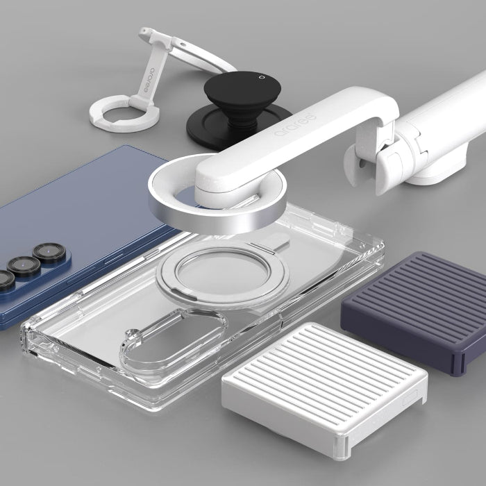 Collection of various phone accessories featuring the Clear Araree Nukin 360 S Case for Samsung Galaxy Z Fold 7 (2025) on a gray surface