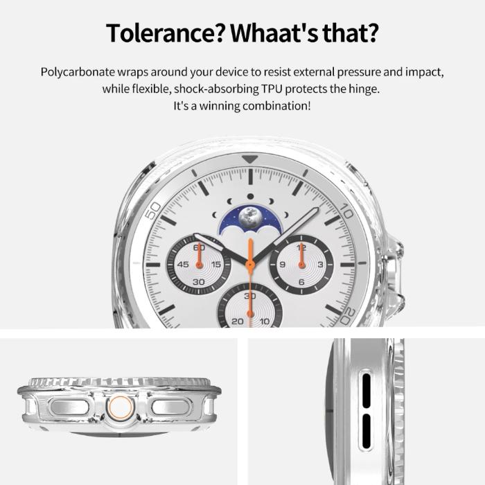 Clear Araree Nukin Protection Case for Samsung Galaxy Watch 8 (2025) with text about polycarbonate material