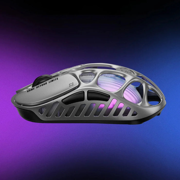 Silver Gravastar Mercury X Wireless Gaming Mouse on a gradient purple to blue background