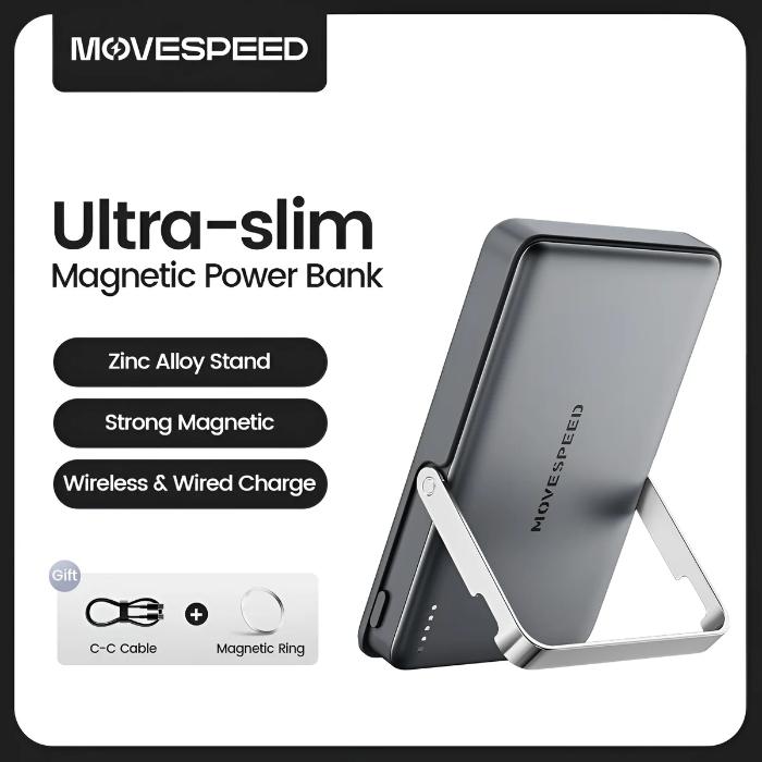 Space Gray MOVESPEED PBS10Pro 10000mAh Wireless Magnetic Power Bank with Holder- Ultra-slim 10000mAh Magnetic Power Bank with phone stand on a white background