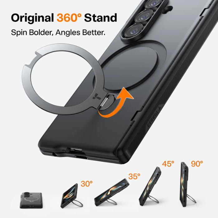 360-degree stand for a smartphone with adjustable angles of the Black TORRAS Ostand Q3 Spin Case for Samsung Galaxy Z Fold 7 (2025) shown on a white background.