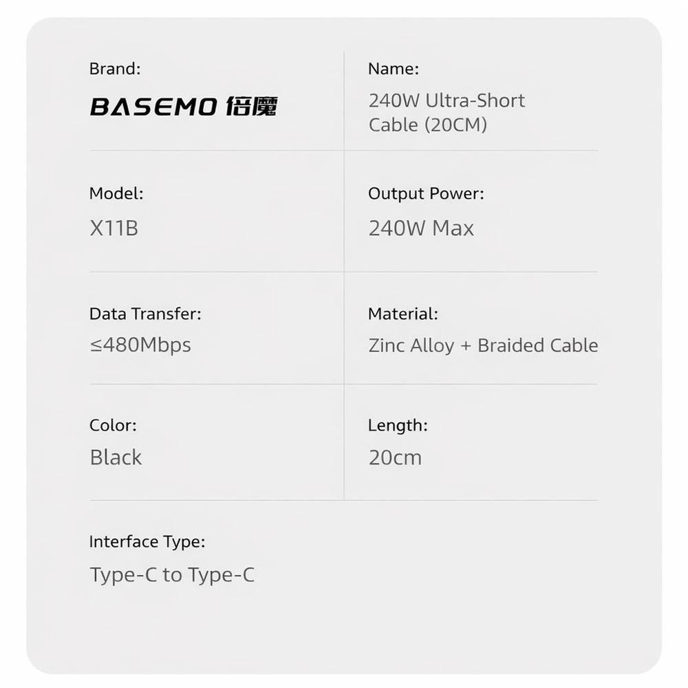 Basemo X11B 240W USB-C to USB-C FastCharging Cable 20cm, Aluminum AlloyBraided Magnetic Short Data Cable