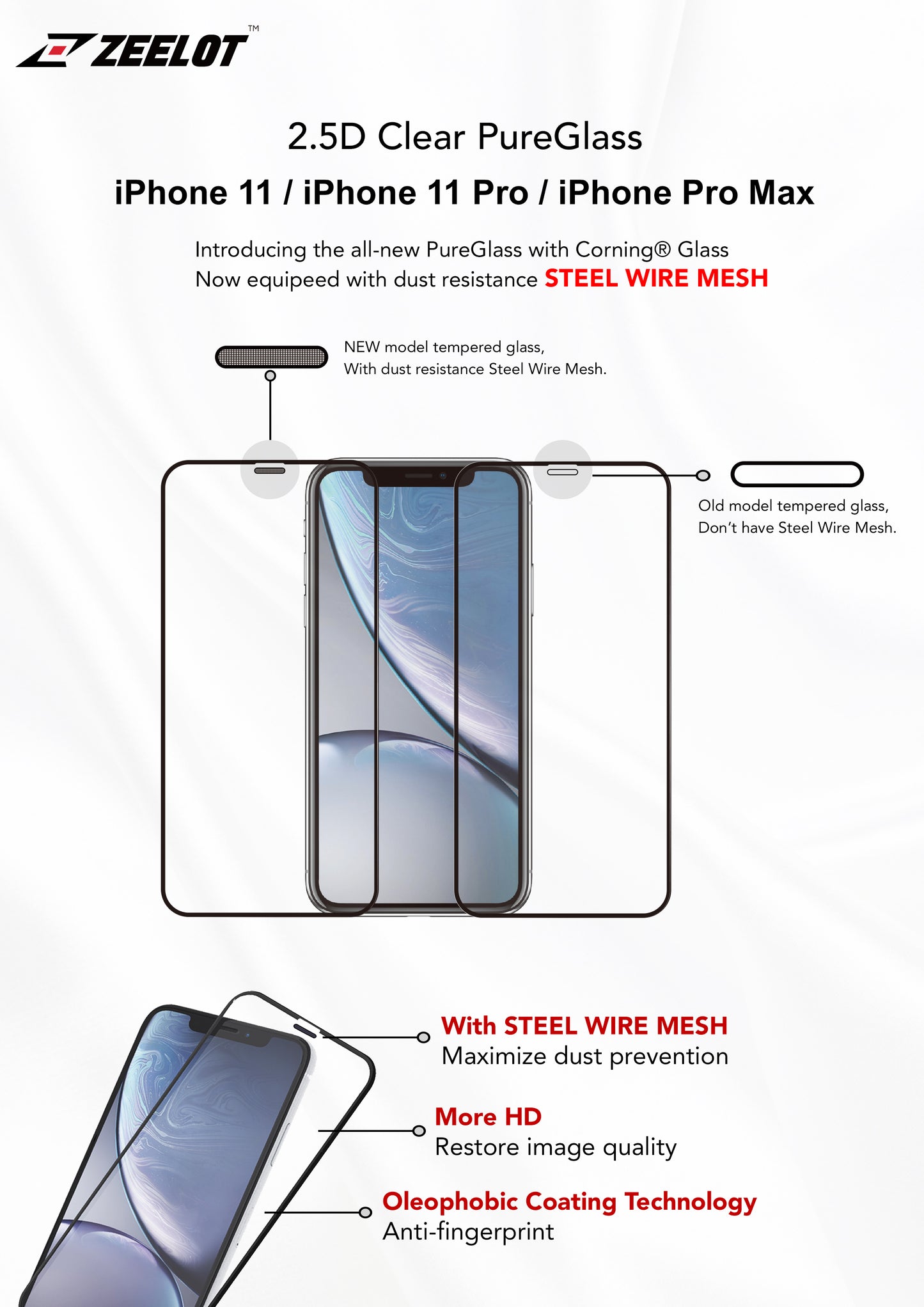 iPhone 11 Pro Max Clear 2.5D Tempered Glass Screen Protector Zeelot PureGlass Steel Wire