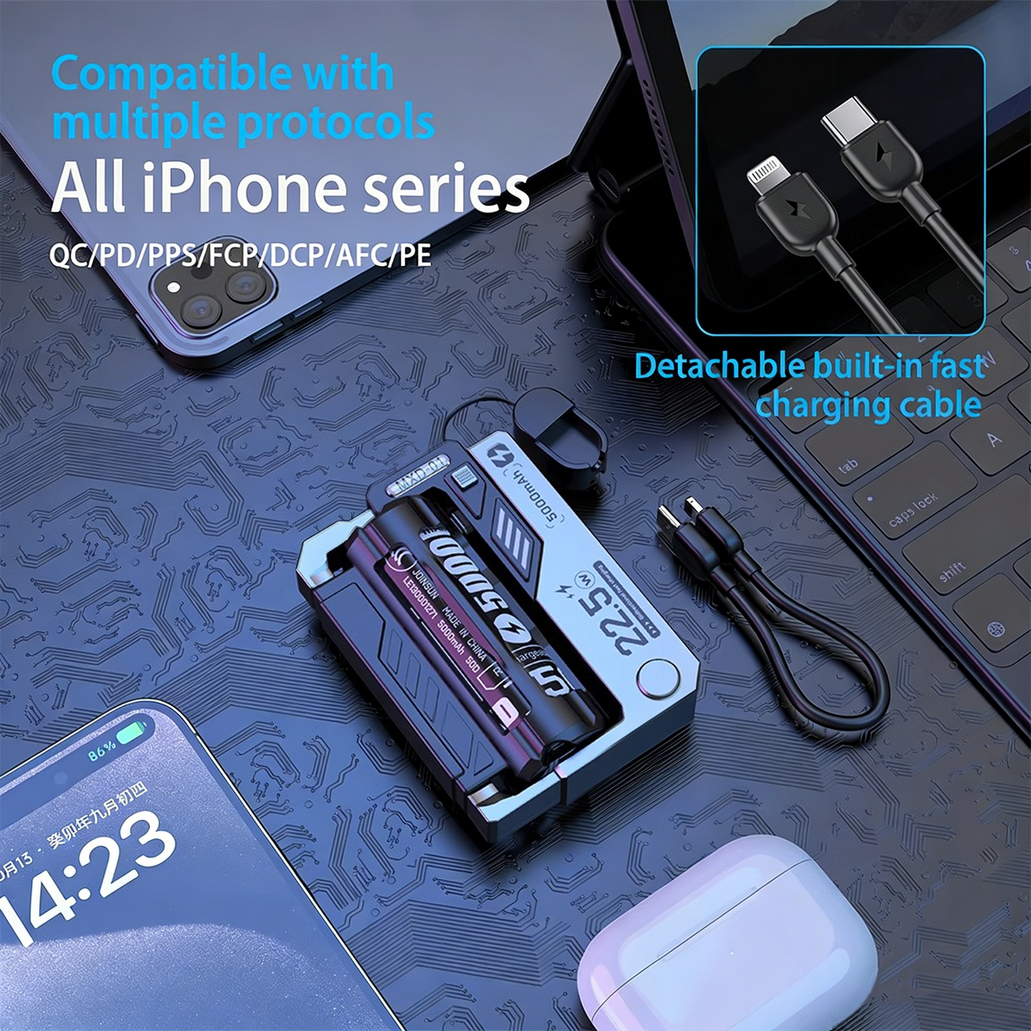 MXD MXD-01 5000mAh Mini Power Bank PD 22.5W, Removable Battery, Dual Cable Fast Charging, Portable Charger