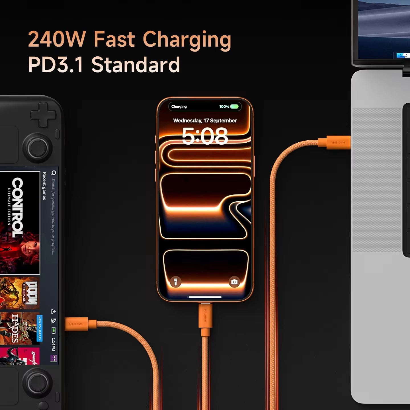 HAGIBIS UAP20A 240W USB-C Fast Charging Cable PD3.1 Braided Wedge