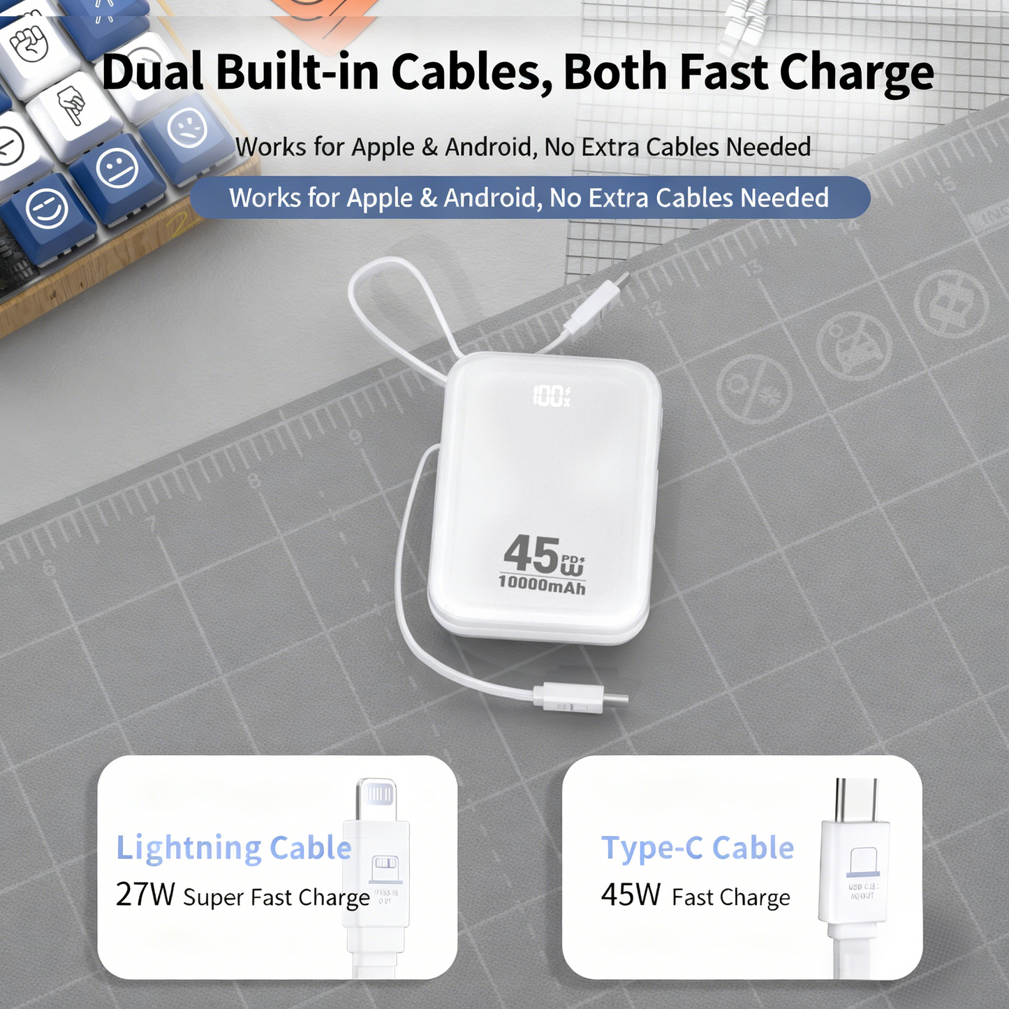 MXD 45W Fast Charging Power Bank with Dual Built-in Cables