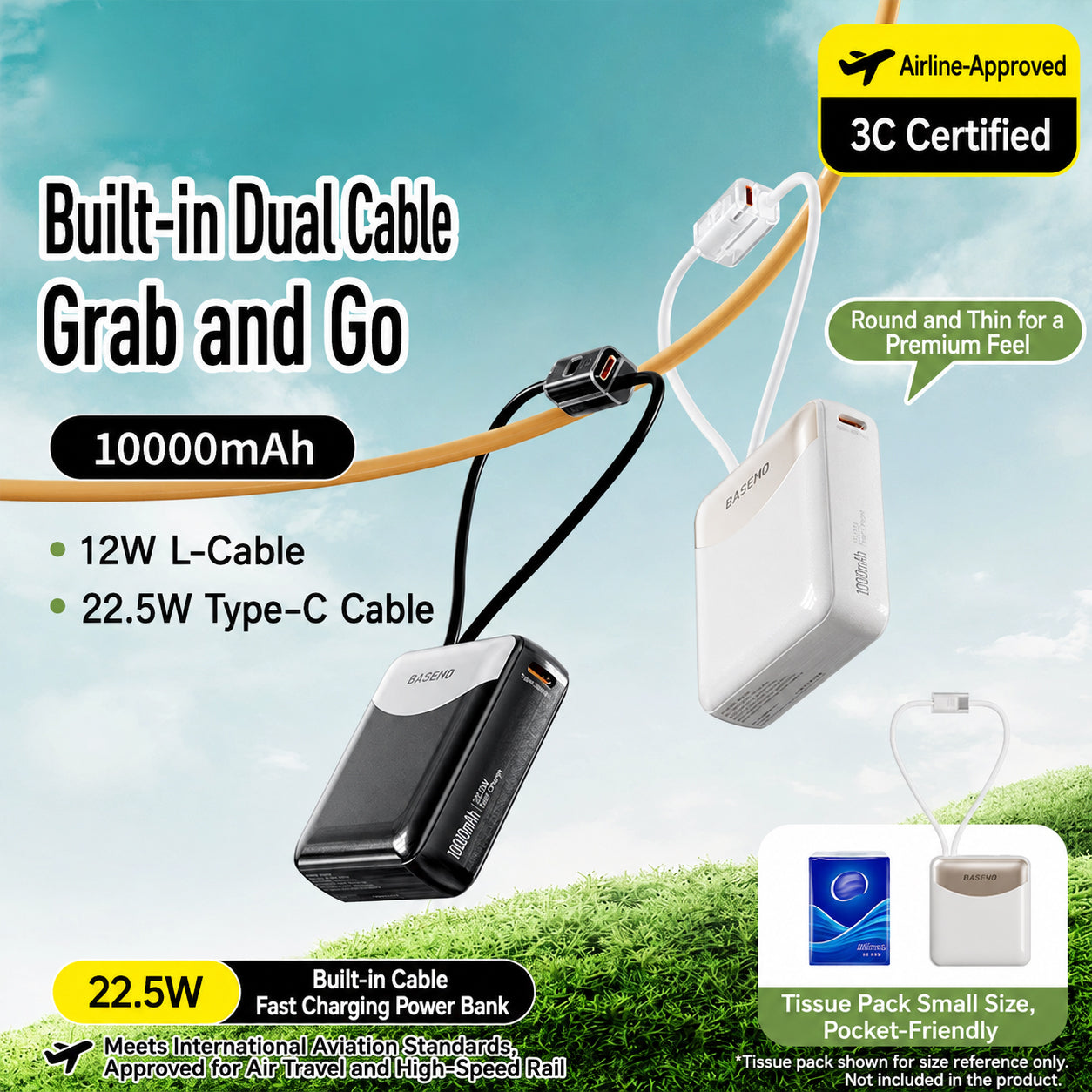 O2W Selection BASEMO DX03 22.5W Mini Powerbank With built-in Cable, 10000mAh, 170.5g