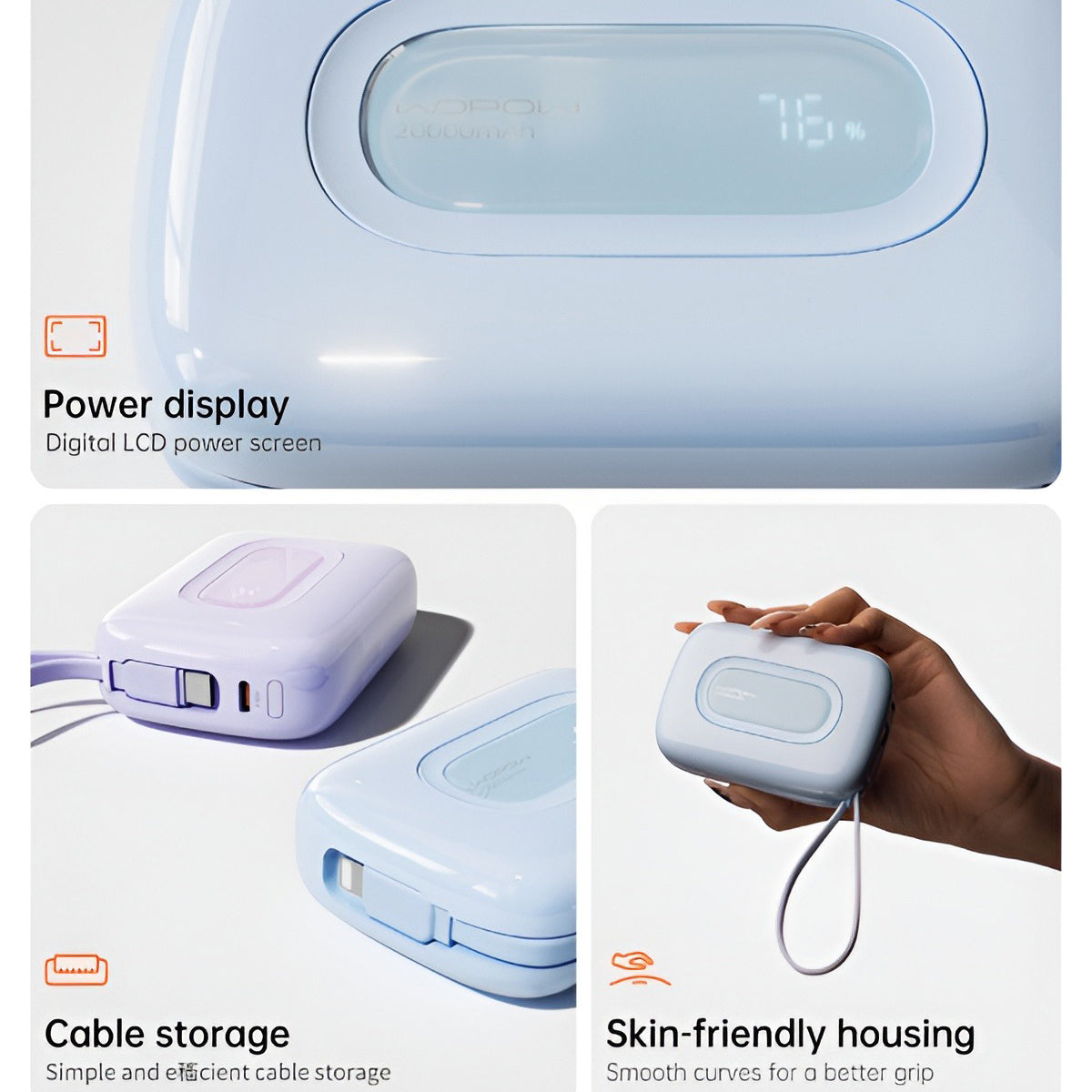 WOPOW SQ73 Mini PowerBank 20000mah With Lightning-Type C Cable
