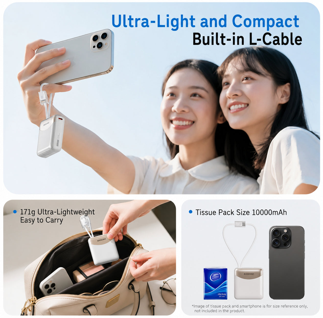 O2W Selection BASEMO DX03 22.5W Mini Powerbank With built-in Cable, 10000mAh, 170.5g