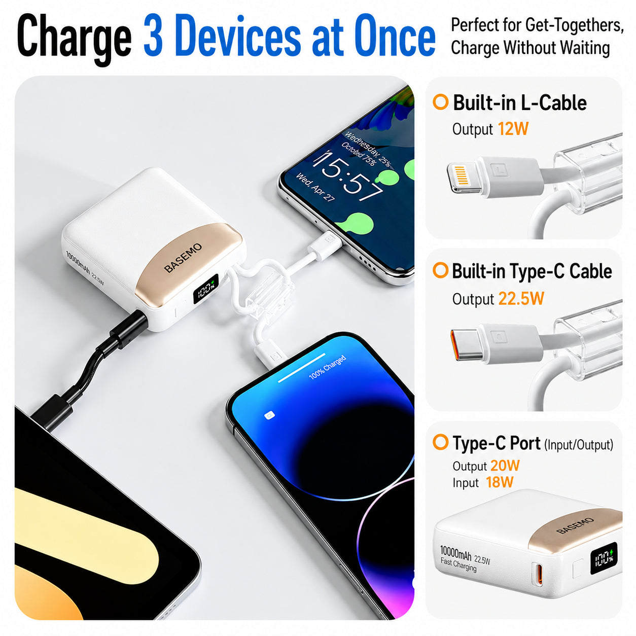 O2W Selection BASEMO DX03 22.5W Mini Powerbank With built-in Cable, 10000mAh, 170.5g