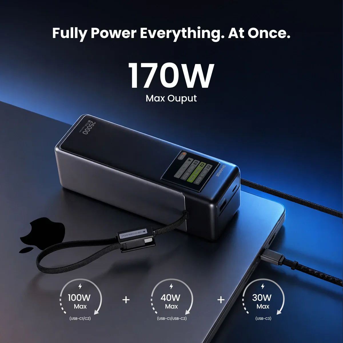 SHARGE HyperTower 170W 25,000mAh Power Bank With Built in 2 CC Cable