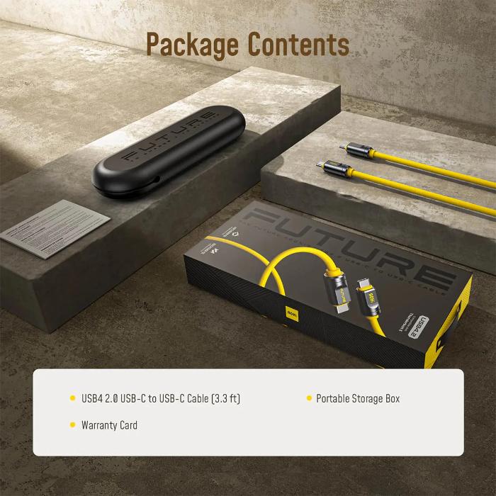 Package contents of Yellow AOHI The Future AOC-L017 Adonis USB4 2.0 240W USB-C to USB-C Cable including a USB cable, storage box, and warranty card on a concrete surface.