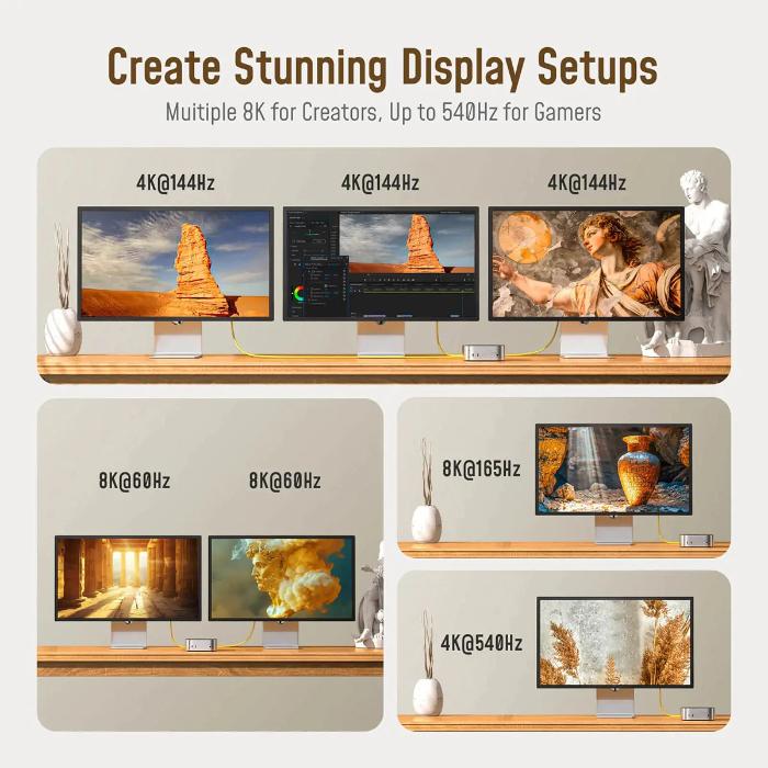 Multiple computer monitors with different resolutions and refresh rates on a wooden shelf featuring the Stunning display setups feature of AOHI The Future AOC-L017 Adonis USB4 2.0 240W USB-C to USB-C Cable