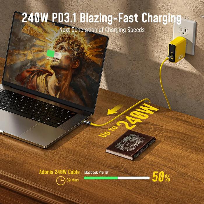 Laptop with Yellow AOHI The Future AOC-L017 Adonis USB4 2.0 240W USB-C to USB-C Cable on a wooden surface, showing charging progress.