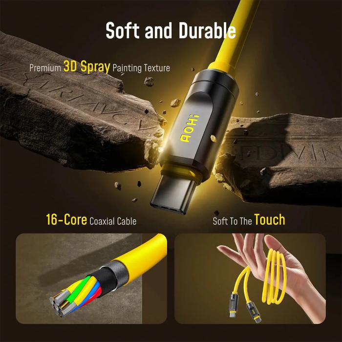 Yellow AOHI The Future AOC-L017 Adonis USB4 2.0 240W USB-C to USB-C Cable with text highlighting features like softness, durability, and coaxial cable quality.
