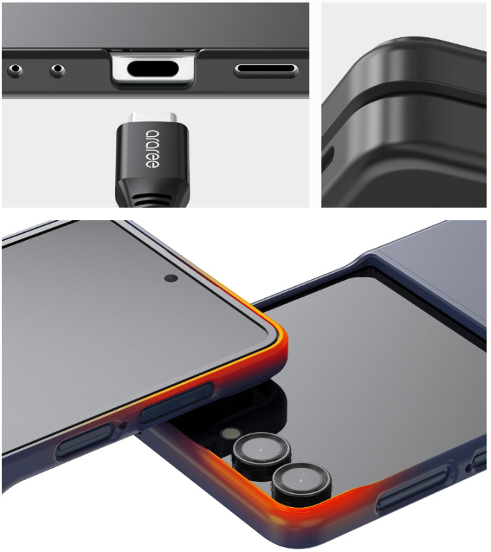 Collage of Araree Aero Flex R Case for Samsung Galaxy Z Flip 7 (2025)  details including ports, texture, and design angles.