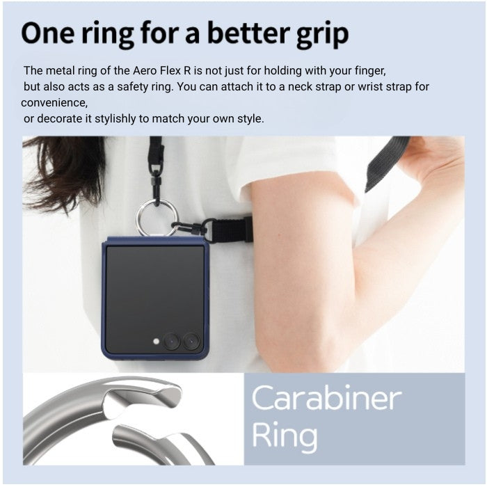 Araree Aero Flex R Case for Samsung Galaxy Z Flip 7 (2025) with Carabiner ring with text explaining its use and features