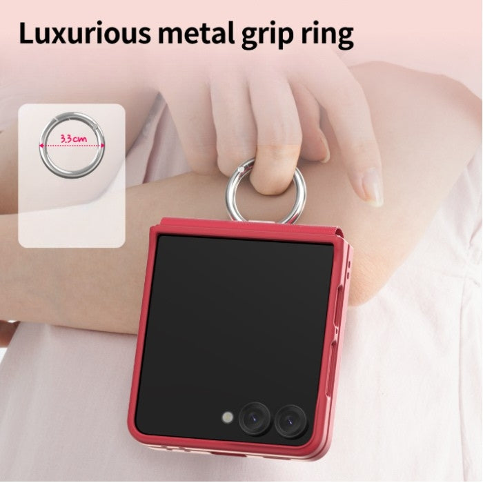 Araree Aero Flex R Case for Samsung Galaxy Z Flip 7 (2025) with a hand holding it thru the luxurious metal grip ring