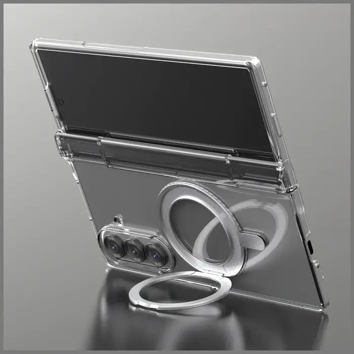 Clear Araree Nukin 360 S Case for Samsung Galaxy Z Fold 7 (2025) with stand and ring holder on a reflective surface