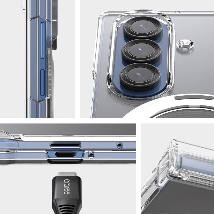 Collage of Clear Araree Nukin 360 S Case for Samsung Galaxy Z Fold 7 (2025) with camera module and charging port on a white background