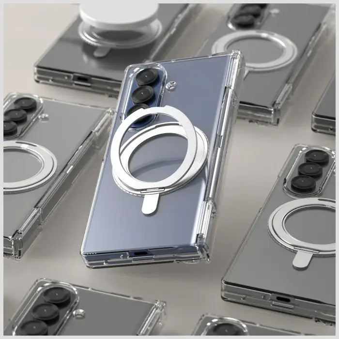 Clear Araree Nukin 360 S Case for Samsung Galaxy Z Fold 7 (2025) with ring holder on a reflective surface