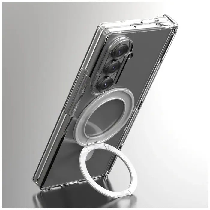 Clear Araree Nukin 360 S Case for Samsung Galaxy Z Fold 7 (2025) with ring holder stand on a gray background
