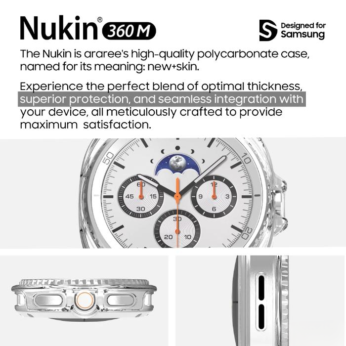 Clear Araree Nukin Protection Case for Samsung Galaxy Watch 8 (2025) with text about its features.