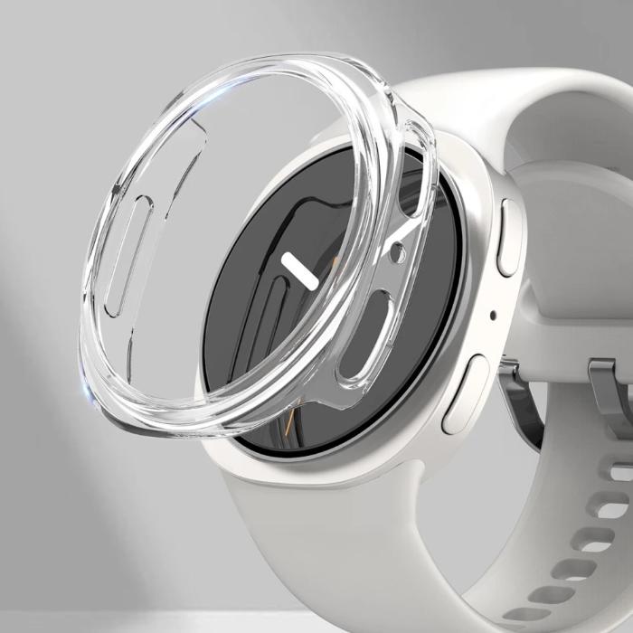 Clear Araree Nukin Protection Case for Samsung Galaxy Watch 8 (2025) on a gray background