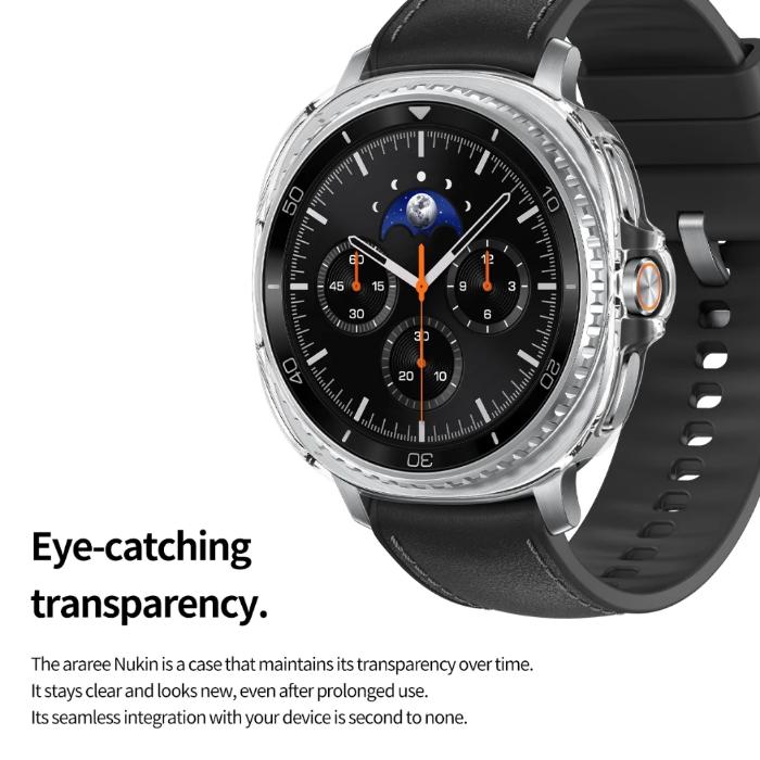 Clear Araree Nukin Protection Case for Samsung Galaxy Watch 8 (2025) on a white background