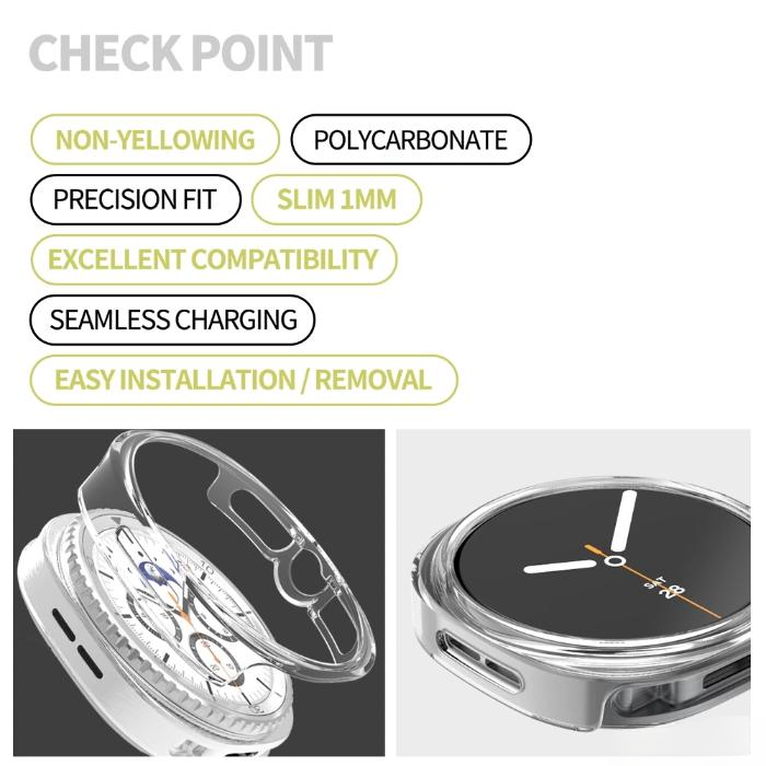 Clear Araree Nukin Protection Case for Samsung Galaxy Watch 8 (2025) with features listed on a white background