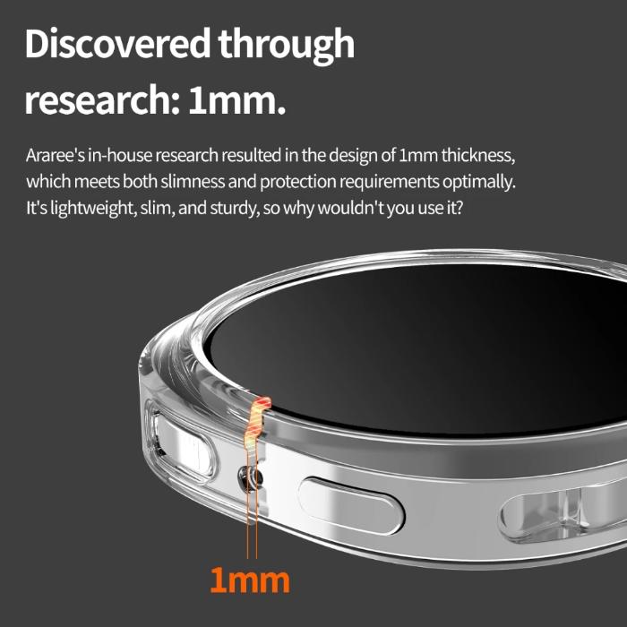 Clear Araree Nukin Protection Case for Samsung Galaxy Watch 8 (2025) with text about its 1mm thickness on a dark background
