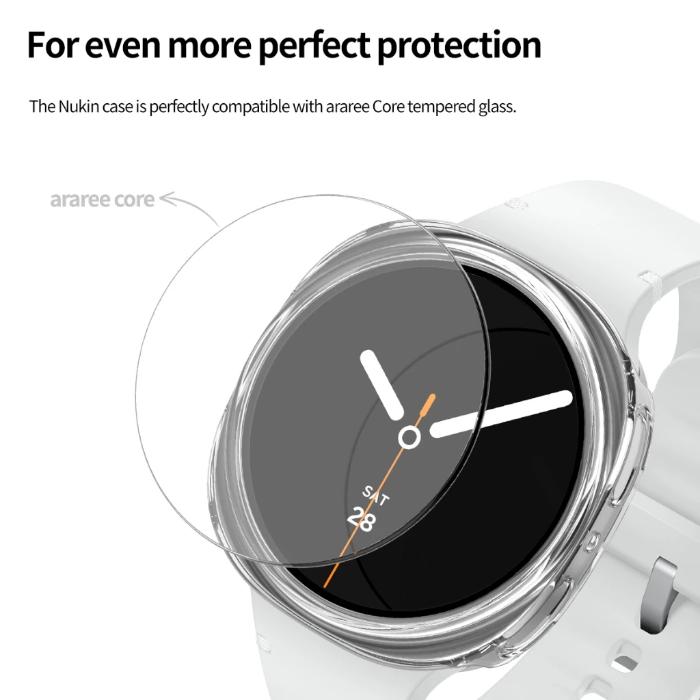 Clear Araree Nukin Protection Case for Samsung Galaxy Watch 8 (2025) on a white background, featuring text about compatibility with Nukin and araree Core products.
