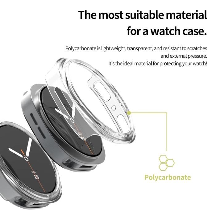 Clear Araree Nukin Protection Case for Samsung Galaxy Watch 8 (2025) with text about polycarbonate material