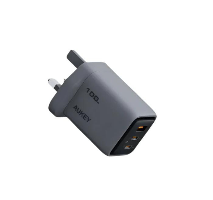 Gray Aukey PA-C5 Comet Mix 3 100W PD Wall Charger with GaN Technology on a white background