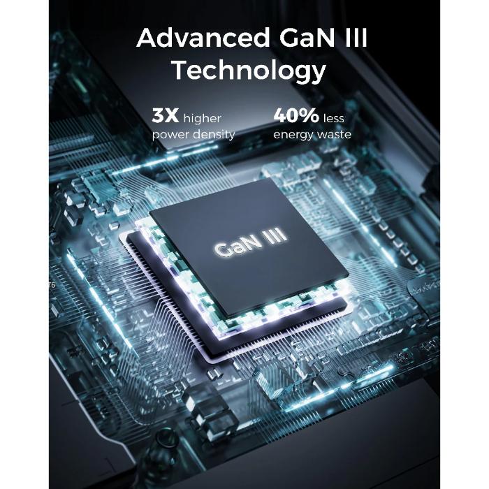 Aukey PA-C5 Comet Mix 3 100W PD Wall Charger with GaN Technology feature - GaN III technology chip on a circuit board with text highlighting its benefits.