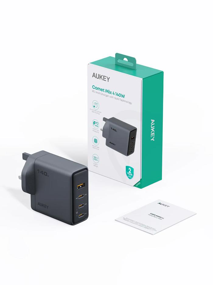 Gray Aukey PA-C6 Comet Mix 4 140W PD Wall Charger with GaN Technology packaging on a white background