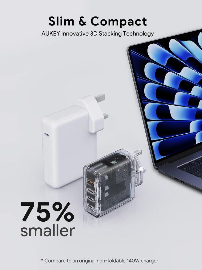 Slim and compact Aukey PA-C6 Comet Mix 4 140W PD Wall Charger with GaN Technology with AUKEY innovative 3D stacking technology, displayed next to a laptop.