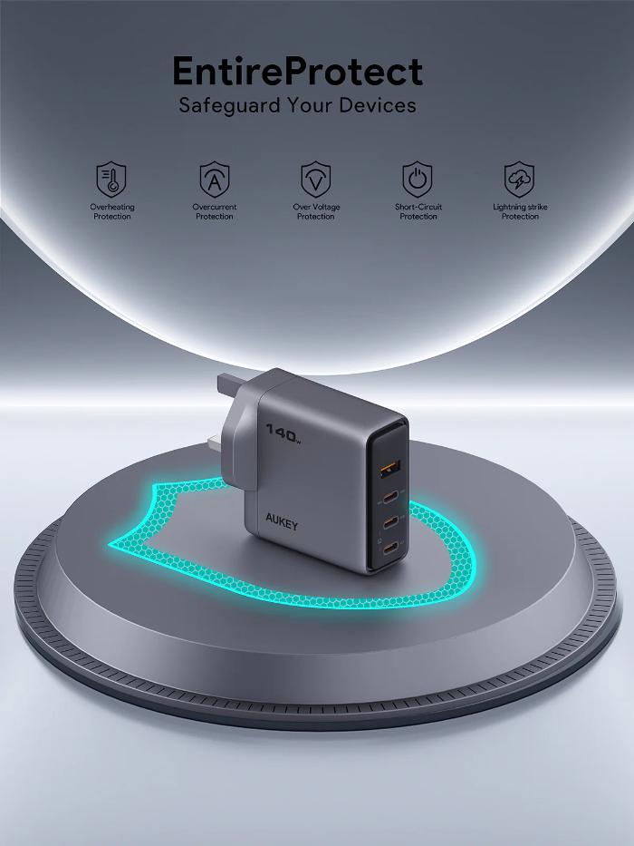 Gray Aukey PA-C6 Comet Mix 4 140W PD Wall Charger with GaN Technology with multiple outlets on a circular base.