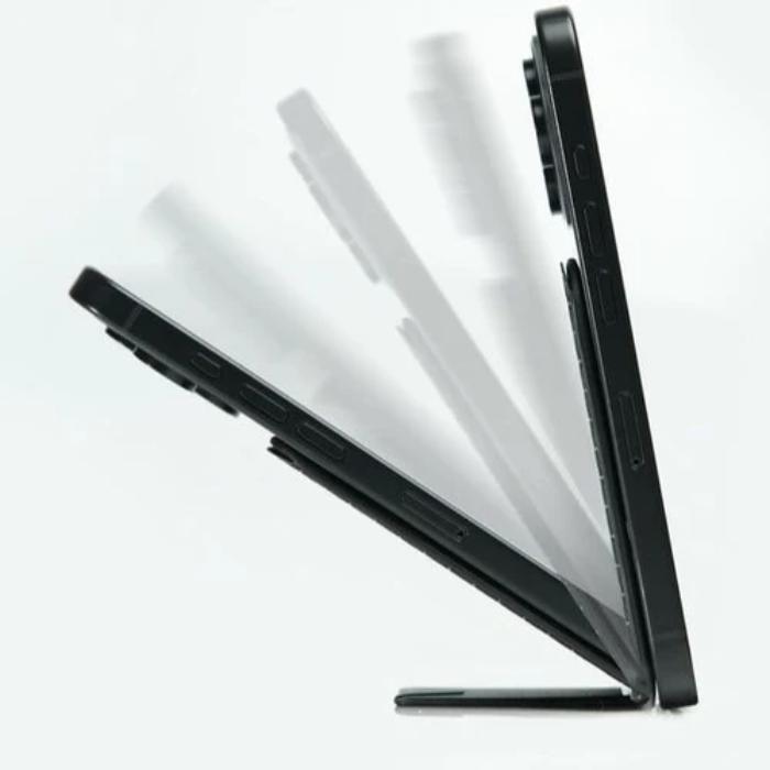 Phone with a Bitplay Magnetic Ultra Slim Wallet Stand showing adjustable angle on a white background