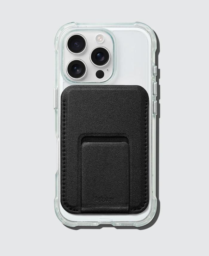 Phone case with a black Bitplay Magnetic Ultra Slim Wallet Stand on a white background