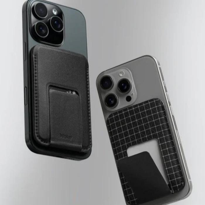 Two phone cases, one with black Bitplay Magnetic Ultra Slim Wallet Stand and one with grid Bitplay Magnetic Ultra Slim Wallet Stand, on a light gray background.