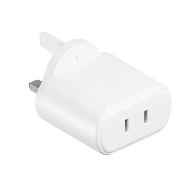White Cygnett PowerPlus 35w Dual USB-C Fast Charging Wall Charger on a white background