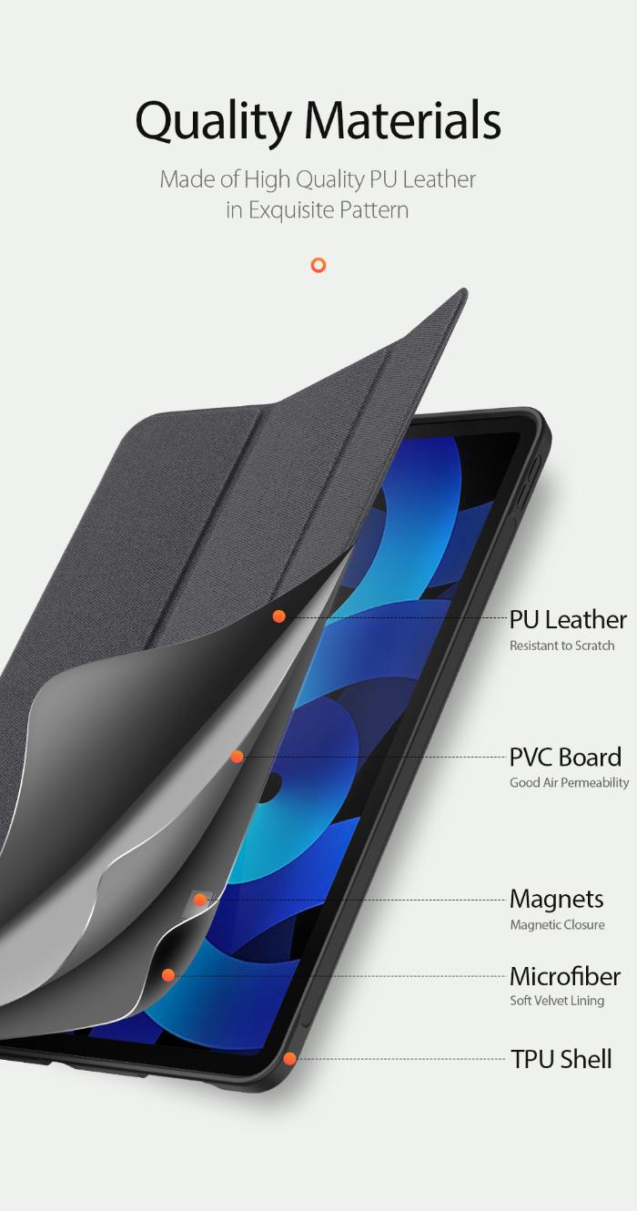 Black DOMO Dux Ducis Folio Trifold protective case for iPad Air 6 11" (2024/2025) / Air 10.9" (2020/2022)  with text highlighting quality materials on a white background