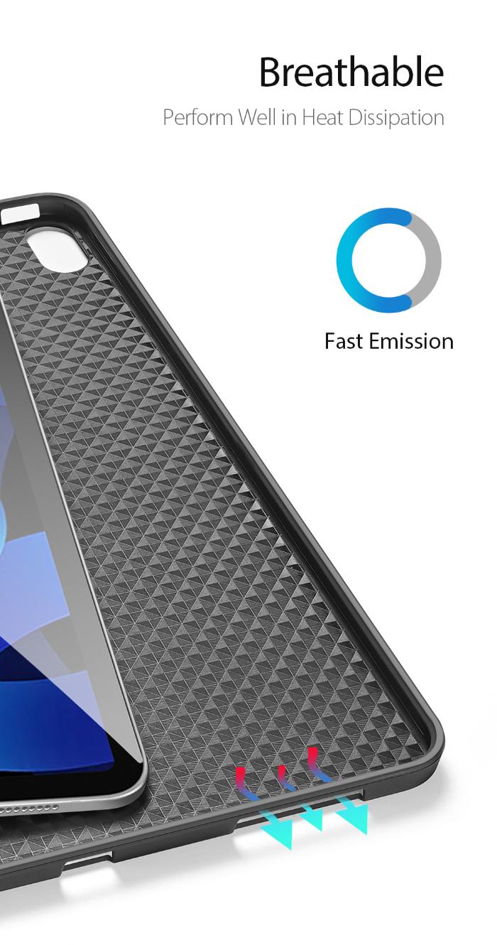 Black DOMO Dux Ducis Folio Trifold protective case for iPad Air 6 11" (2024/2025) / Air 10.9" (2020/2022)  with text on heat dissipation and fast emission, on a white background