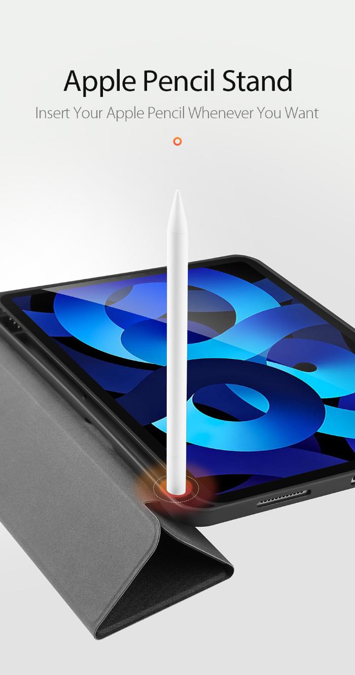 Black DOMO Dux Ducis Folio Trifold protective case for iPad Air 6 11" (2024/2025) / Air 10.9" (2020/2022) with Apple Pencil stand with Apple Pencil inserted into a tablet on a white background