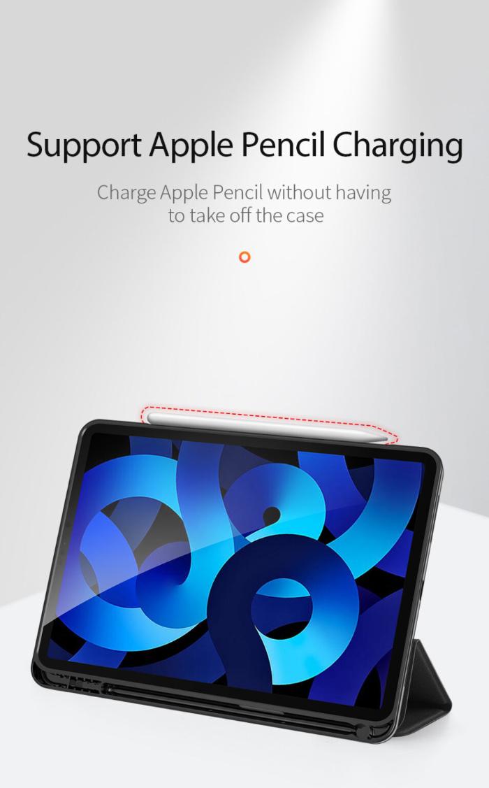 Black DOMO Dux Ducis Folio Trifold protective case for iPad Air 6 11" (2024/2025) / Air 10.9" (2020/2022) that supports Apple Pencil Charging on a white background