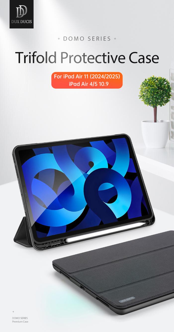 Black DOMO Dux Ducis Folio Trifold protective case for iPad Air 6 11" (2024/2025) / Air 10.9" (2020/2022) on a white surface with a plant in the background.